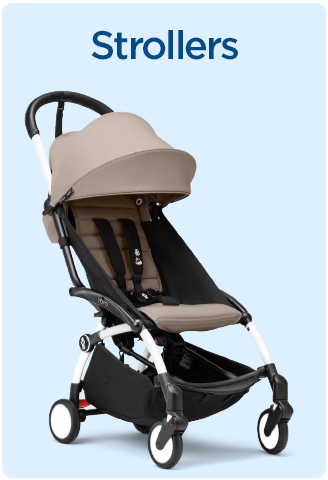 Compact beige stroller with reclining seat and safety harness.
