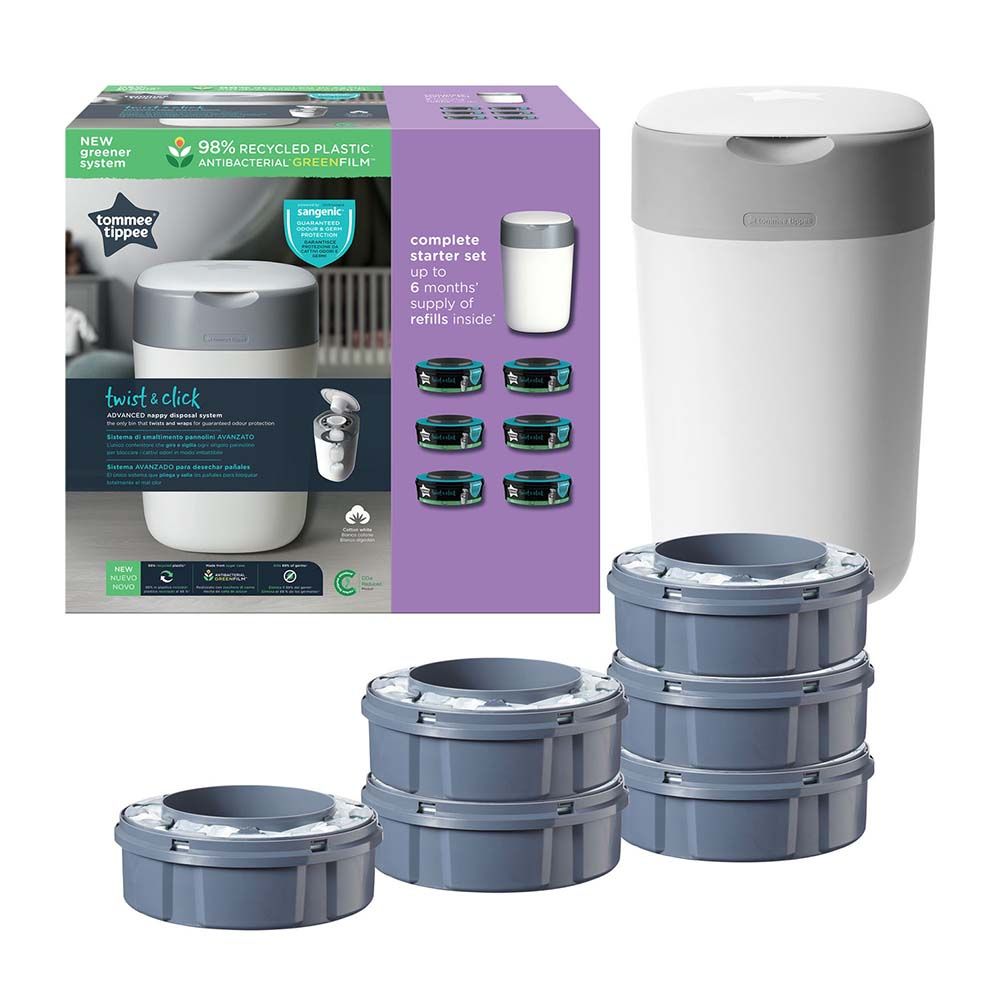 Tommee Tippee - Twist and Click Advanced Nappy Bin Starter Set with 6x Refill Cassettes - White