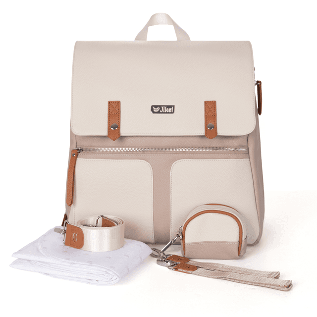Jikel - Loomi Diaper Backpack With Changing Mat & Pacifier Case Set - Sandstone Beige - 5 Pcs